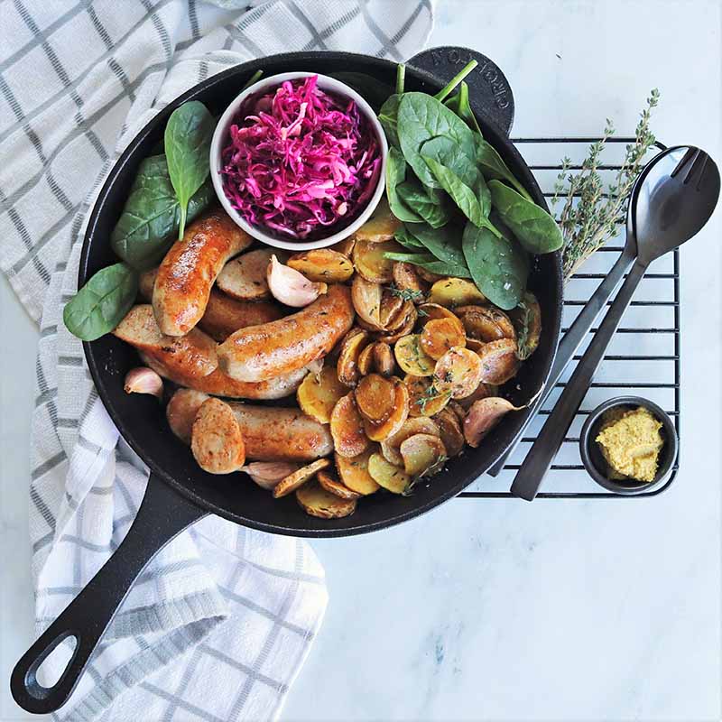 Sausages with Thyme Potatoes and Kraut